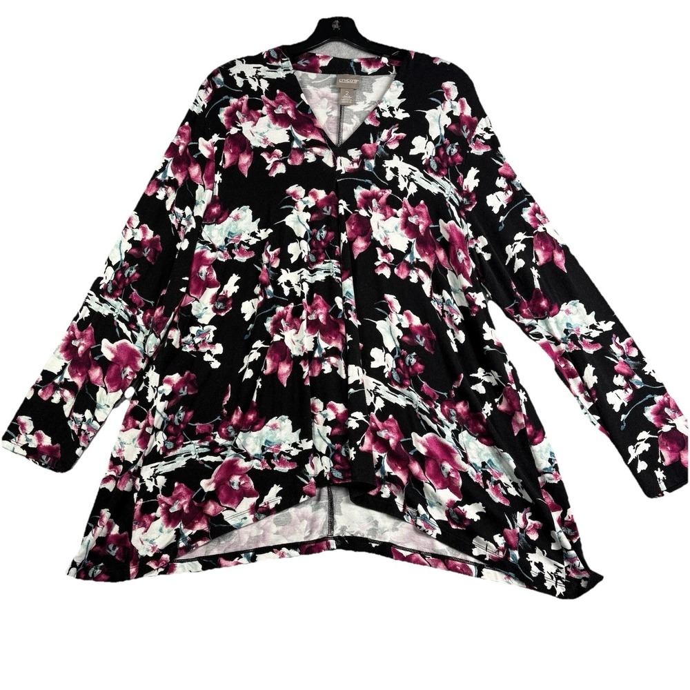 Chicos 2 Tunic Top Women's Large Floral Asymmetric Hem‎ V Neck Comfy Stretch